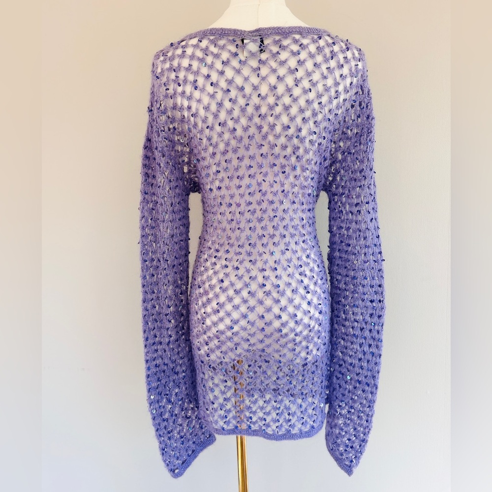 Y2K SMOOCHES 90s Open Knit Sequin Oversized Long Layer Sweater Fairy Grunge Sz M - Picture 12 of 12